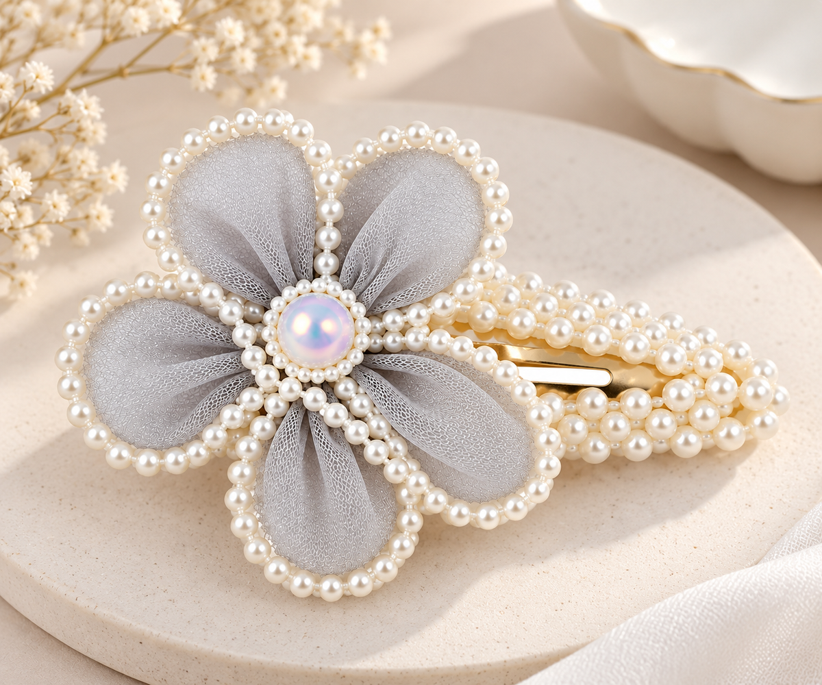 White Dahlia Grey pearl petal flower snap clip