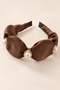 Pearl Accent Bow Headband Chocolate Brown