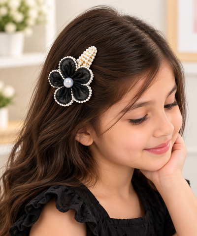 White Dahlia Black pearl petal flower snap clip