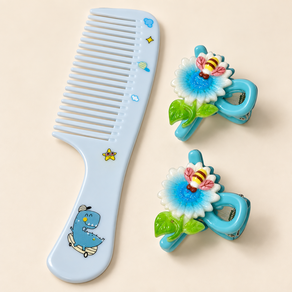 Pastel Comb and Claw Clip Set Blue Dinosaur