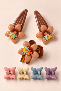 Floral Snap and Mini Claw Set Tan Brown