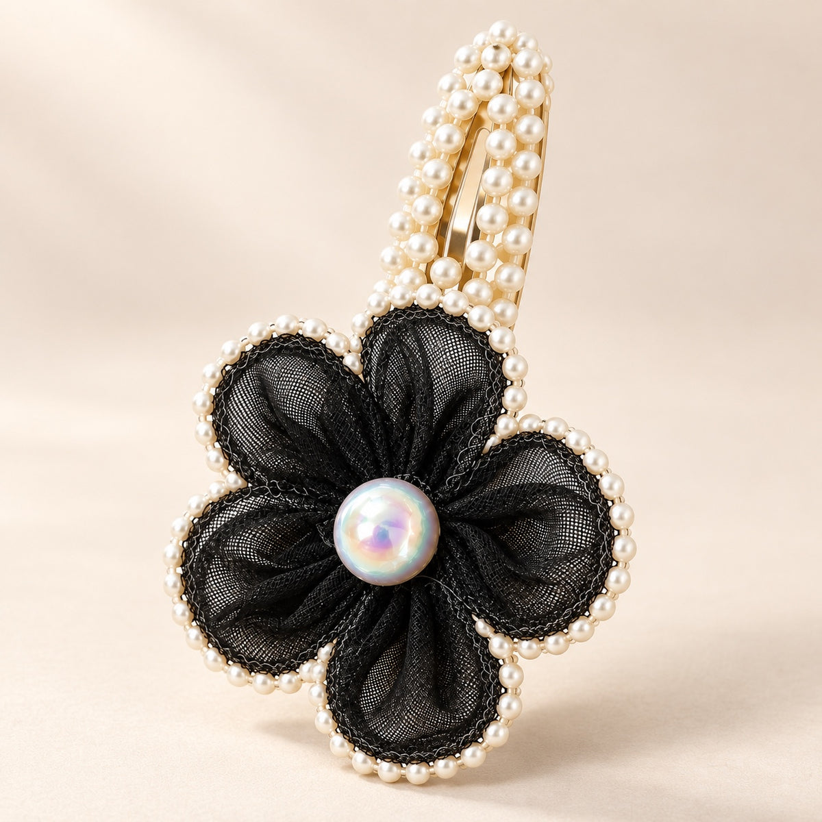 White Dahlia Black pearl petal flower snap clip