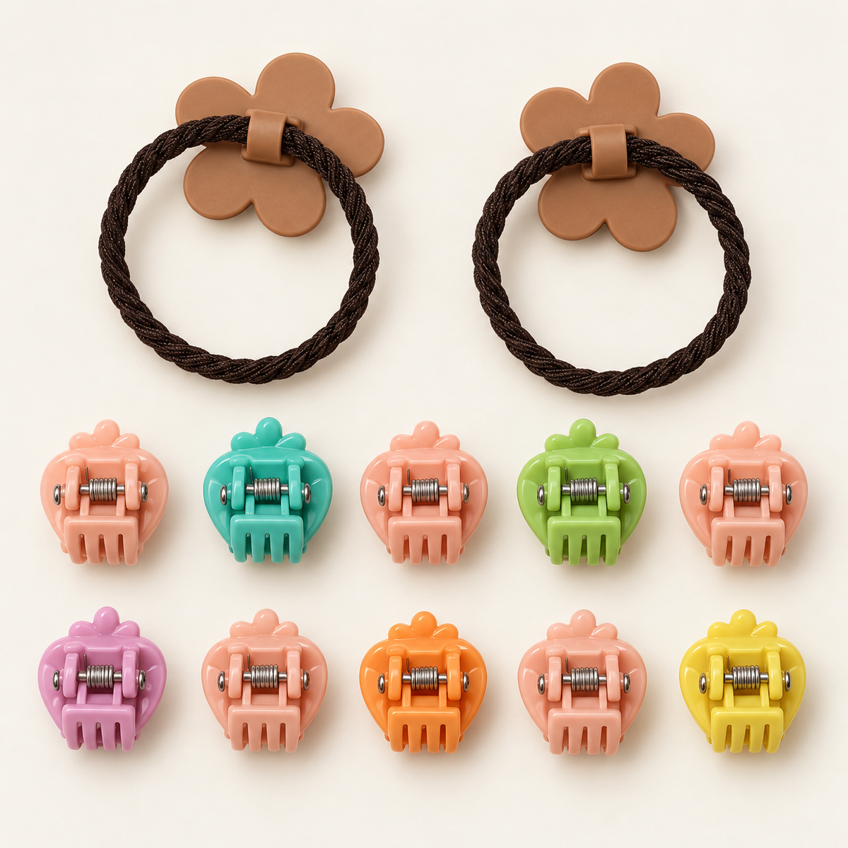 Colour Pop Mini Claw and Hair Tie Set Ivory Flower Strawberries