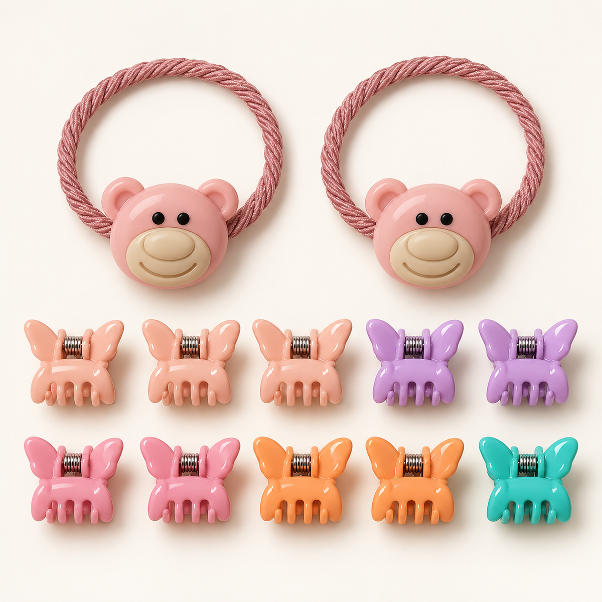 Colour Pop Mini Claw and Hair Tie Set Pink Teddy Butterflies