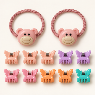 Colour Pop Mini Claw and Hair Tie Set Pink Teddy Butterflies