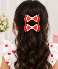 White Dahlia pearl outline bow hair clips Red