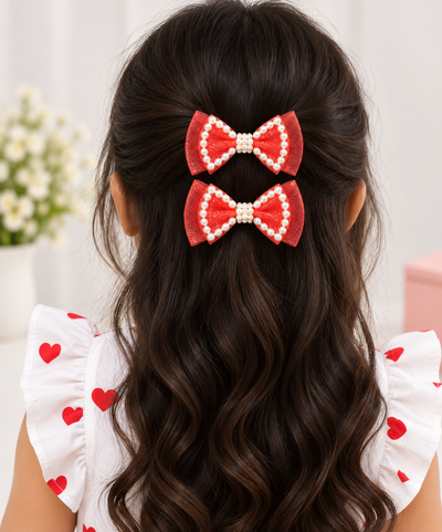 White Dahlia pearl outline bow hair clips Red
