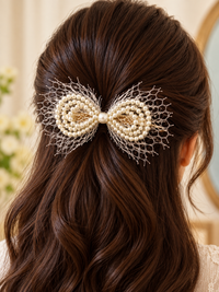 Pearl Mesh Bow Hair Clip Cream