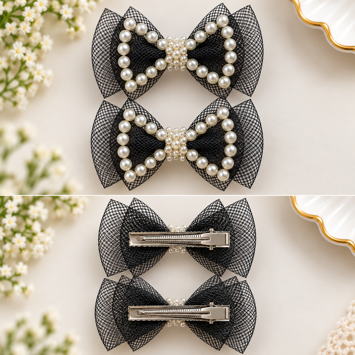 White Dahlia pearl outline bow hair clips Black