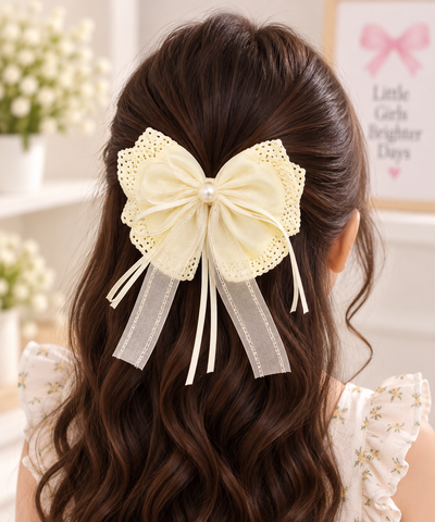 White Dahlia Yellow pastel lace ribbon bow clip