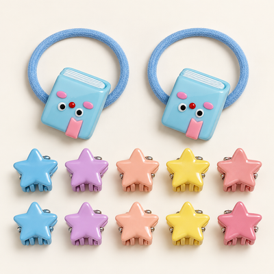 Colour Pop Mini Claw and Hair Tie Set Blue Book Stars