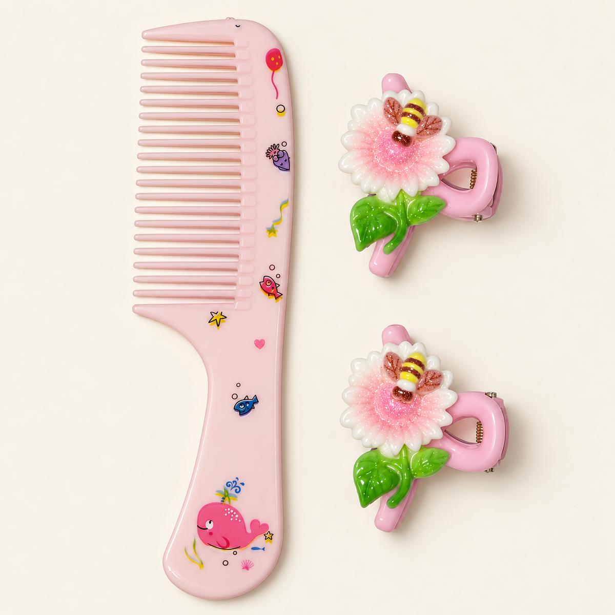 Pastel Comb and Claw Clip Set Pink Whale