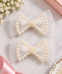 White Dahlia pearl outline bow hair clips White