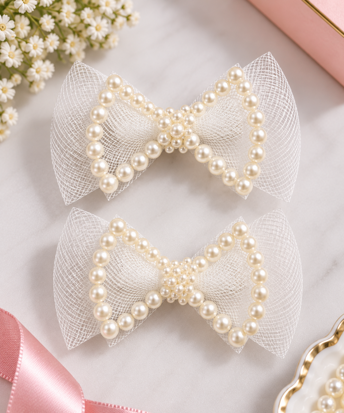 White Dahlia pearl outline bow hair clips White