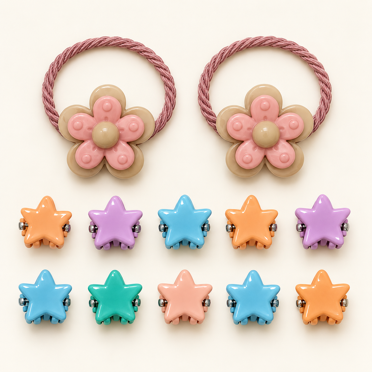 Colour Pop Mini Claw and Hair Tie Set Pink Flower Stars