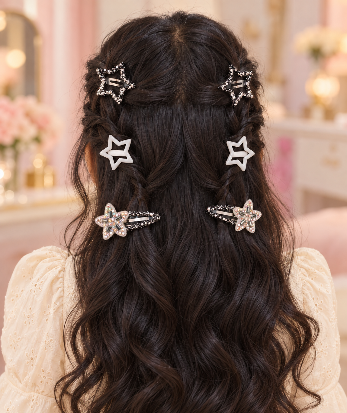 Star and Blossom Hair Clip Set White Silver