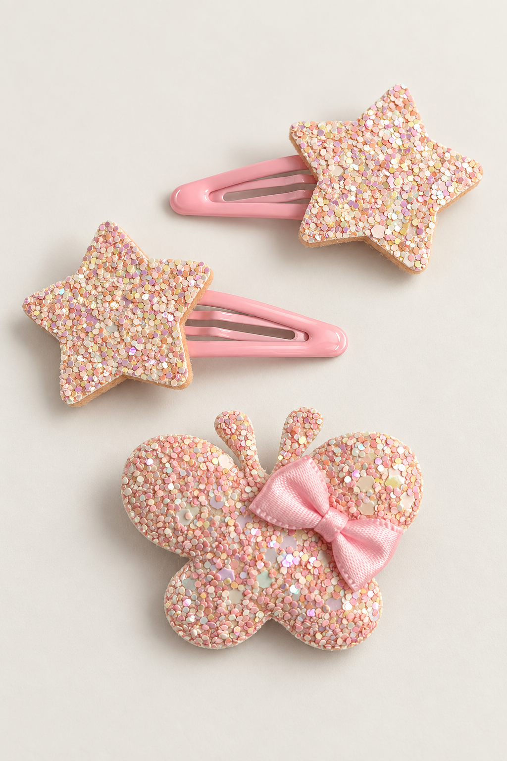 Glitter Stars and Character Hair Clip Set Pale Pink