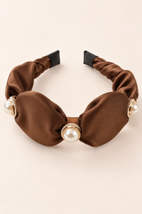Pearl Accent Bow Headband Chocolate Brown