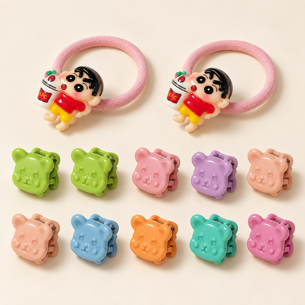 Colour Pop Mini Claw and Hair Tie Set Pink Shinchan Bears