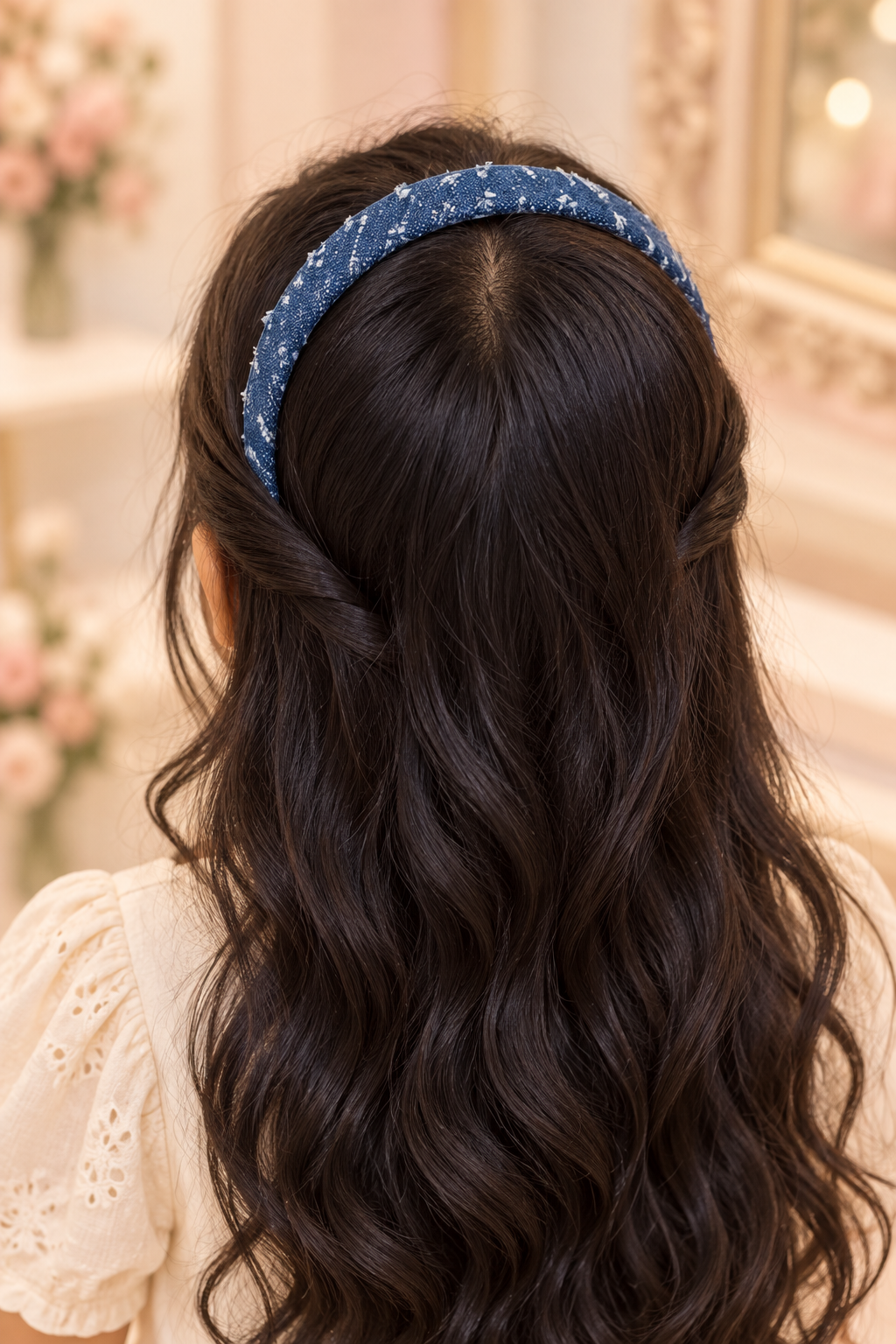Blue Floral Fabric Headband Dark Denim
