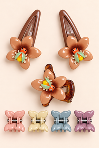 Floral Snap and Mini Claw Set Tan Brown