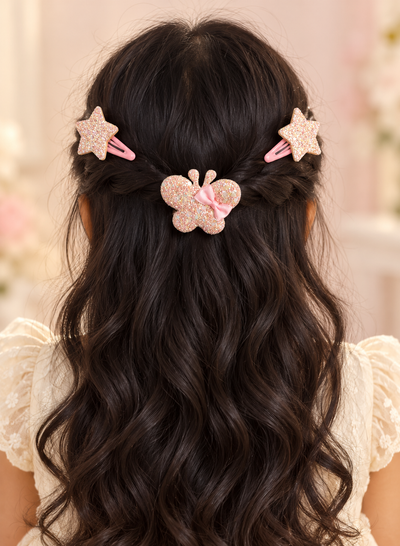 Glitter Stars and Character Hair Clip Set Pale Pink