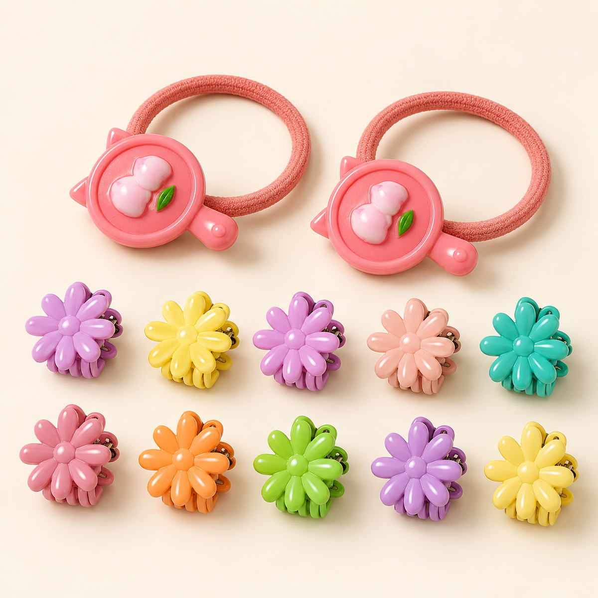 Colour Pop Mini Claw and Hair Tie Set Pink Peach Daisies