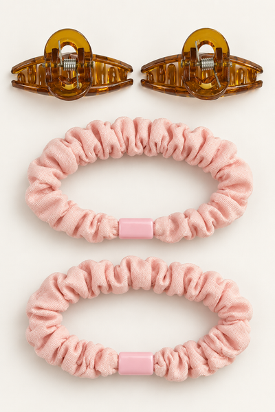 Claw Clips and Ruched Hair Tie Set Pink