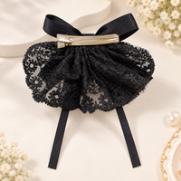 White Dahlia lace fan ribbon bow clip Black