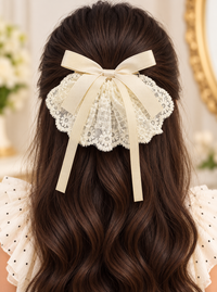 White Dahlia lace fan ribbon bow clip Cream
