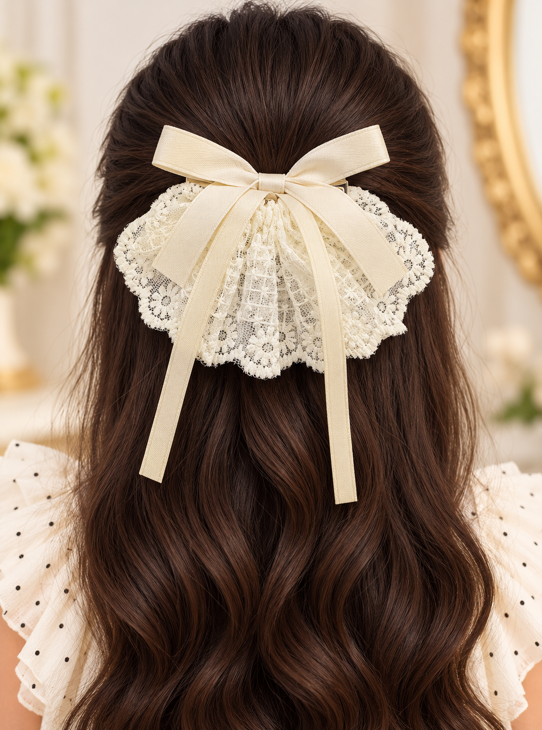 White Dahlia lace fan ribbon bow clip Cream