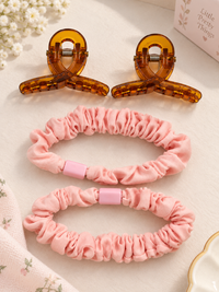 Claw Clips and Ruched Hair Tie Set Pink