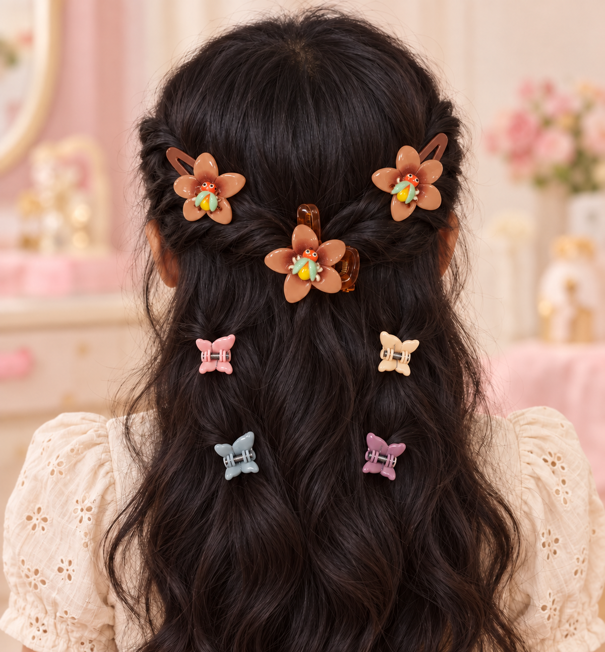 Floral Snap and Mini Claw Set Tan Brown