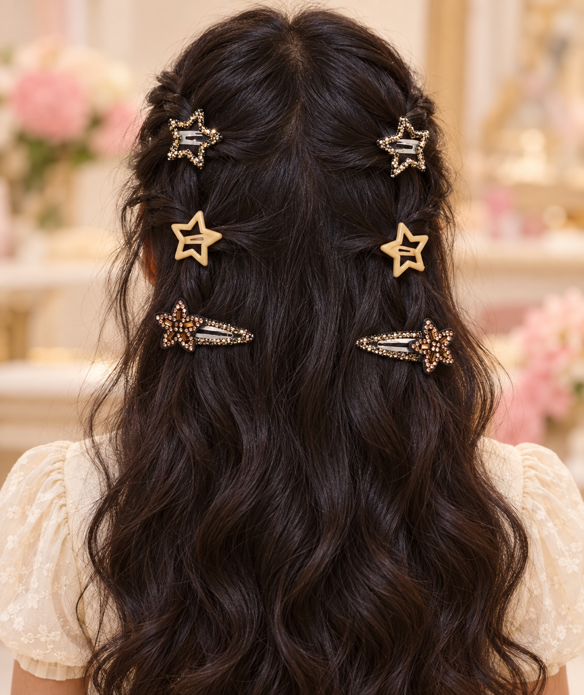 Star and Blossom Hair Clip Set Beige Gold