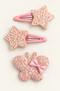 Glitter Stars and Character Hair Clip Set Pale Pink