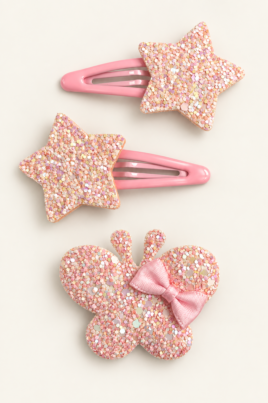 Glitter Stars and Character Hair Clip Set Pale Pink
