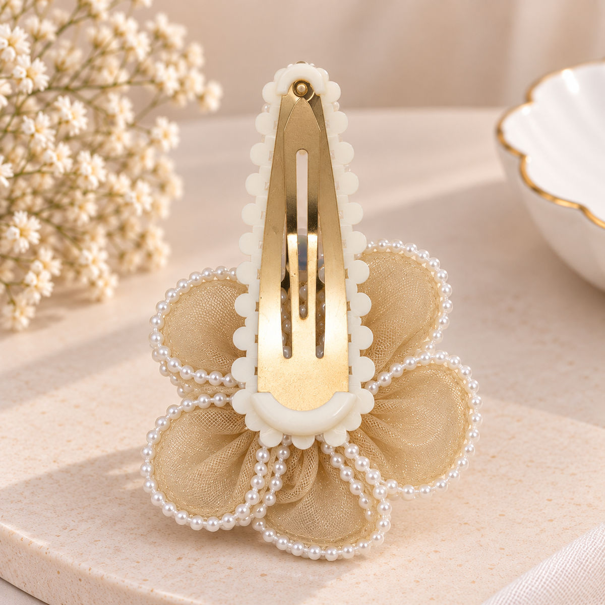 White Dahlia Brown pearl petal flower snap clip