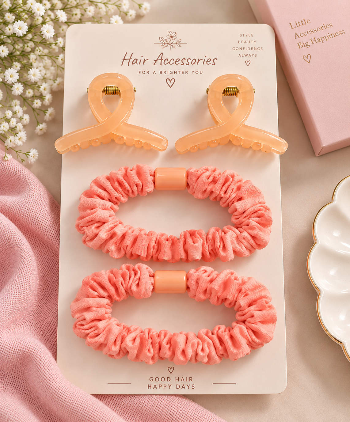 Claw Clips and Ruched Hair Tie Set Dark Pink