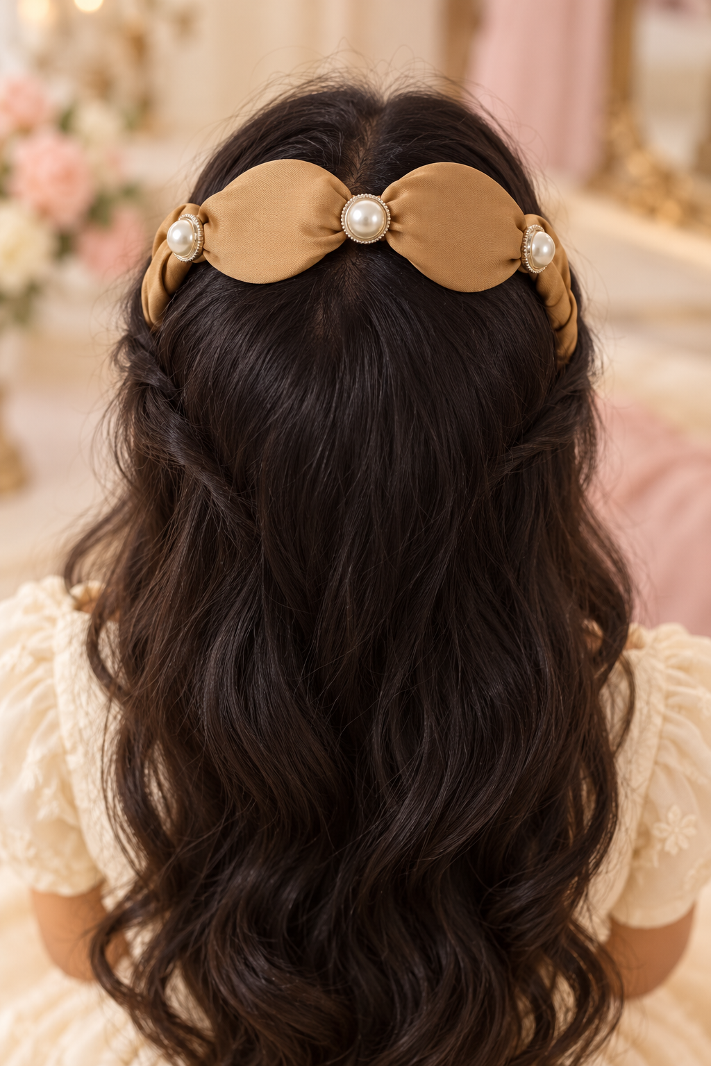 Pearl Accent Bow Headband Caramel