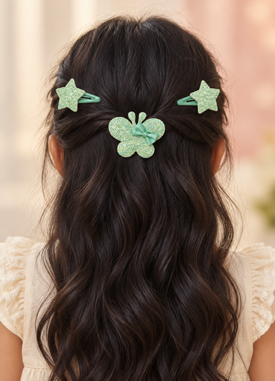 Glitter Stars and Character Hair Clip Set Mint Green