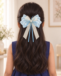 White Dahlia Blue pastel lace ribbon bow clip