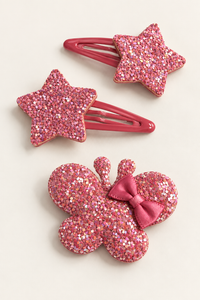 Glitter Stars and Character Hair Clip Set Dark Pink