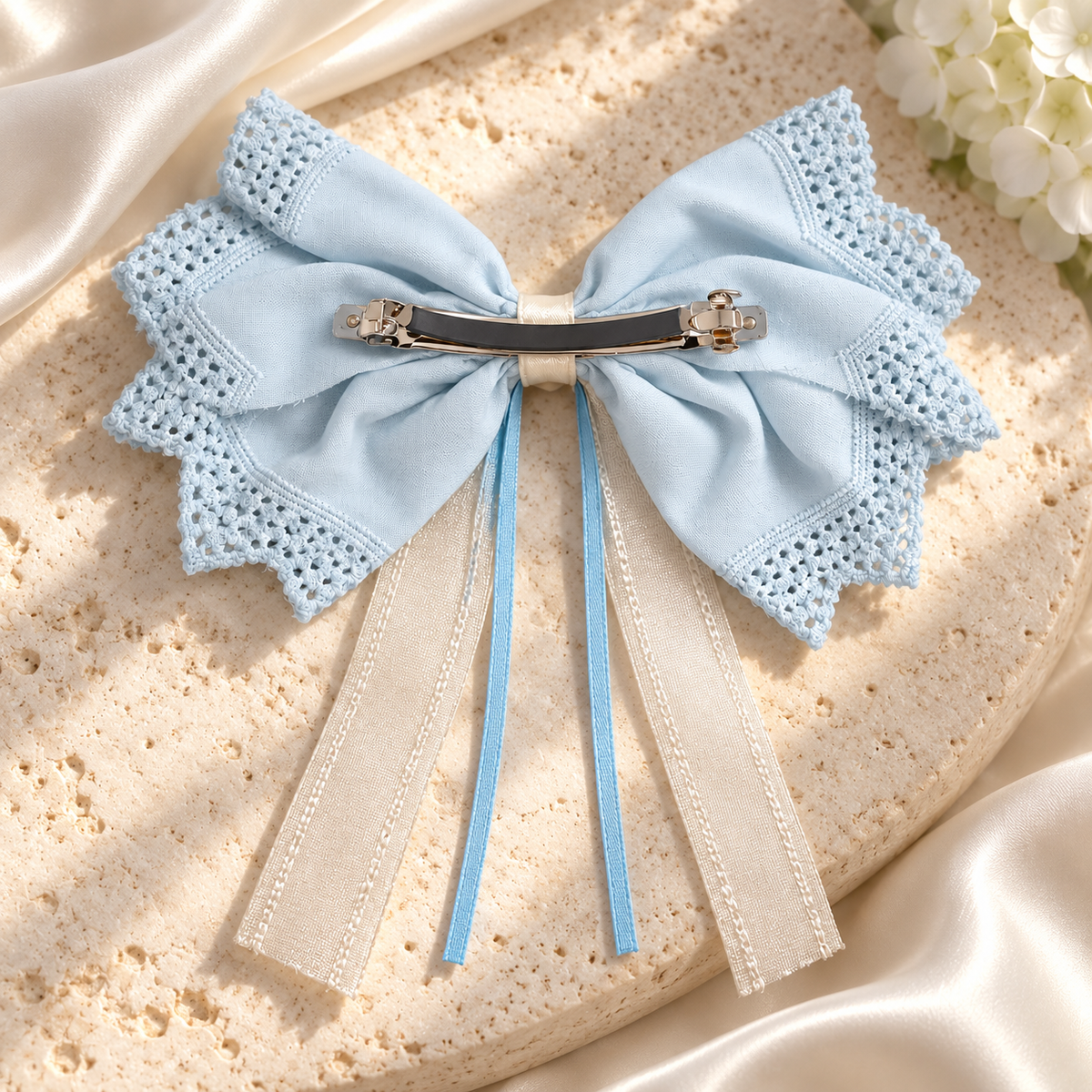 White Dahlia Blue pastel lace ribbon bow clip
