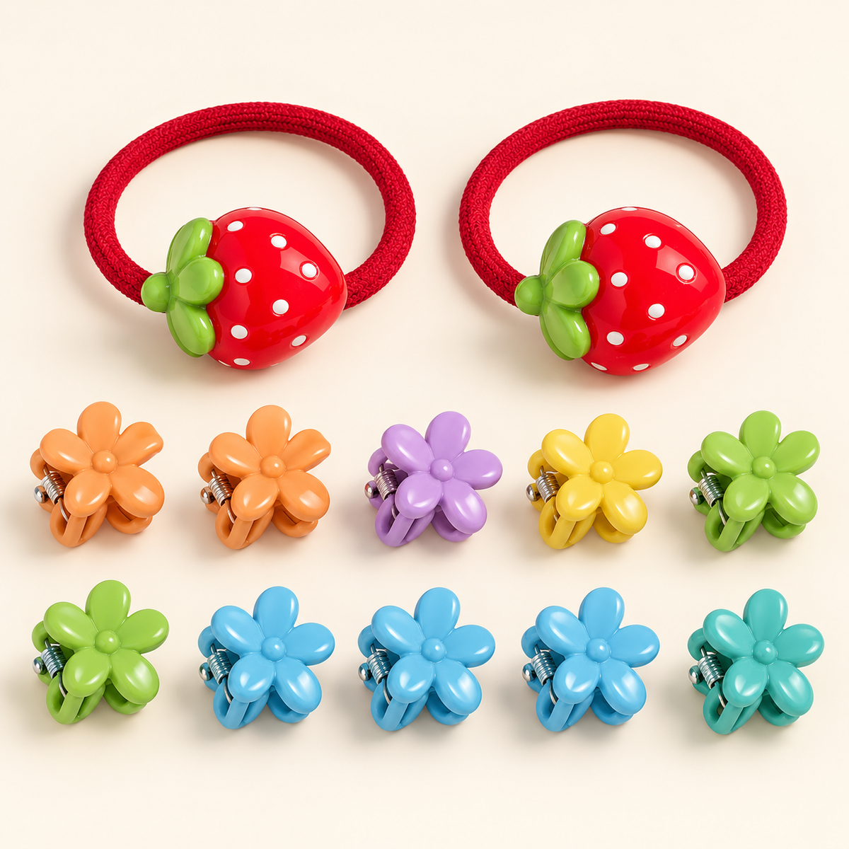 Colour Pop Mini Claw and Hair Tie Set Red Strawberry Flowers