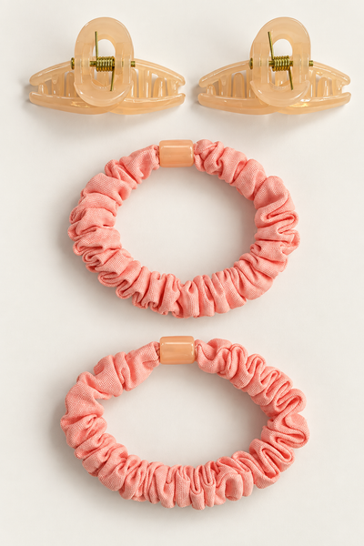 Claw Clips and Ruched Hair Tie Set Dark Pink