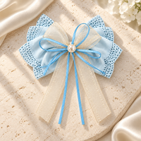 White Dahlia Blue pastel lace ribbon bow clip