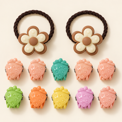 Colour Pop Mini Claw and Hair Tie Set Ivory Flower Strawberries