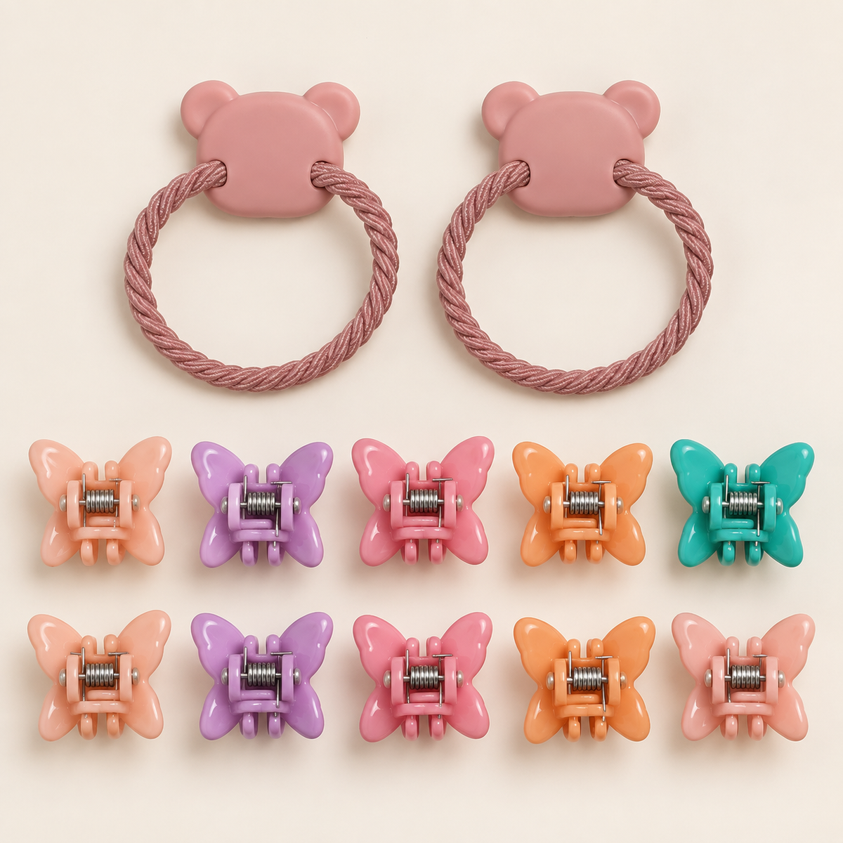 Colour Pop Mini Claw and Hair Tie Set Pink Teddy Butterflies
