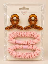 Claw Clips and Ruched Hair Tie Set Pink