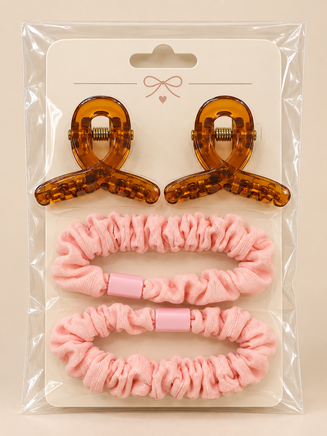 Claw Clips and Ruched Hair Tie Set Pink